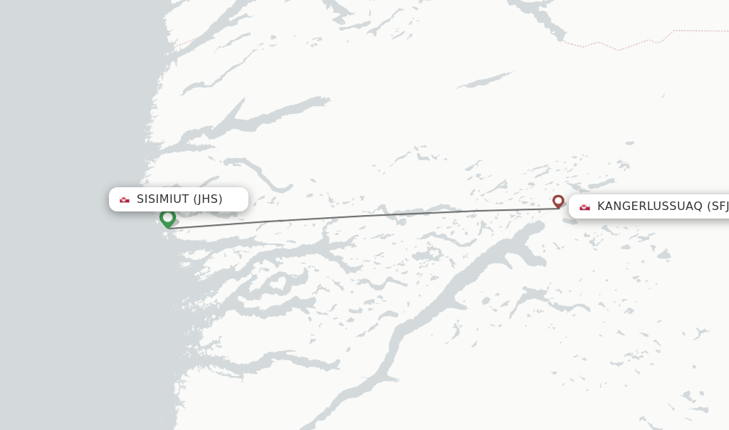 Flights from Sisimiut to Kangerlussuaq route map