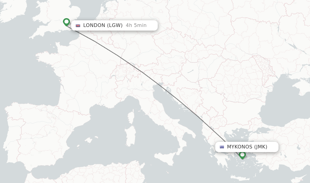 Flights from Mykonos to London route map