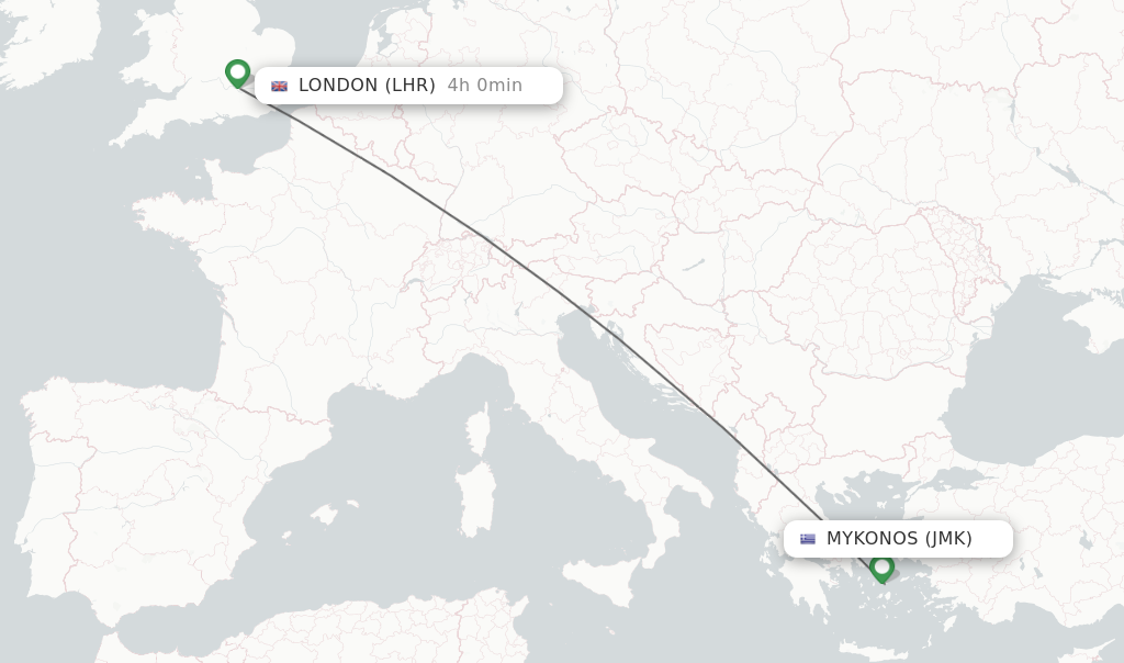 Flights from Mykonos to London route map