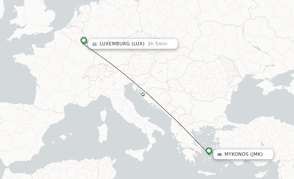Flights from Mykonos to Luxembourg route map
