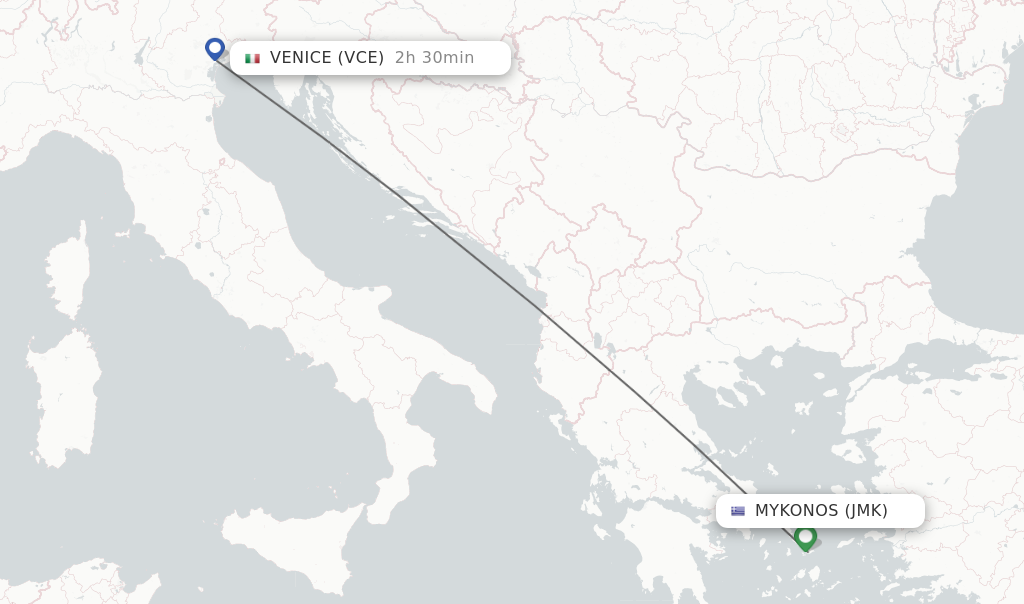 Flights from Mykonos to Venice route map