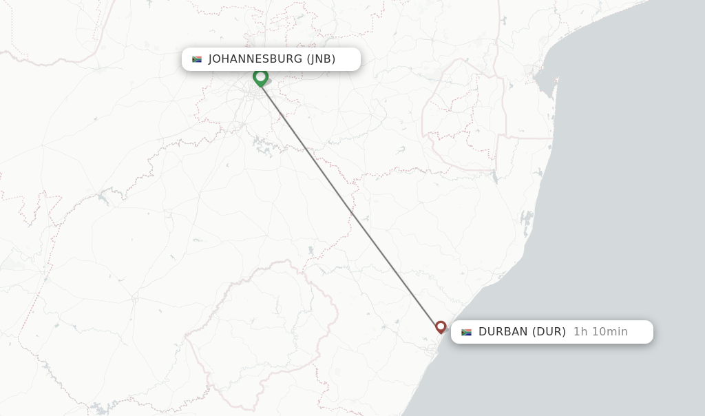 Flights from Johannesburg to Durban route map