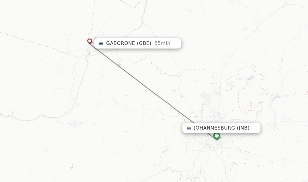 Flights from Johannesburg to Gaborone route map