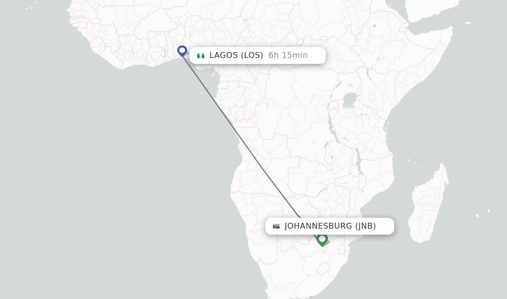 Flights from Johannesburg to Lagos route map