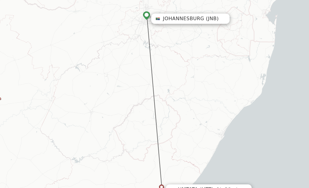 Flights from Johannesburg to Umtata route map