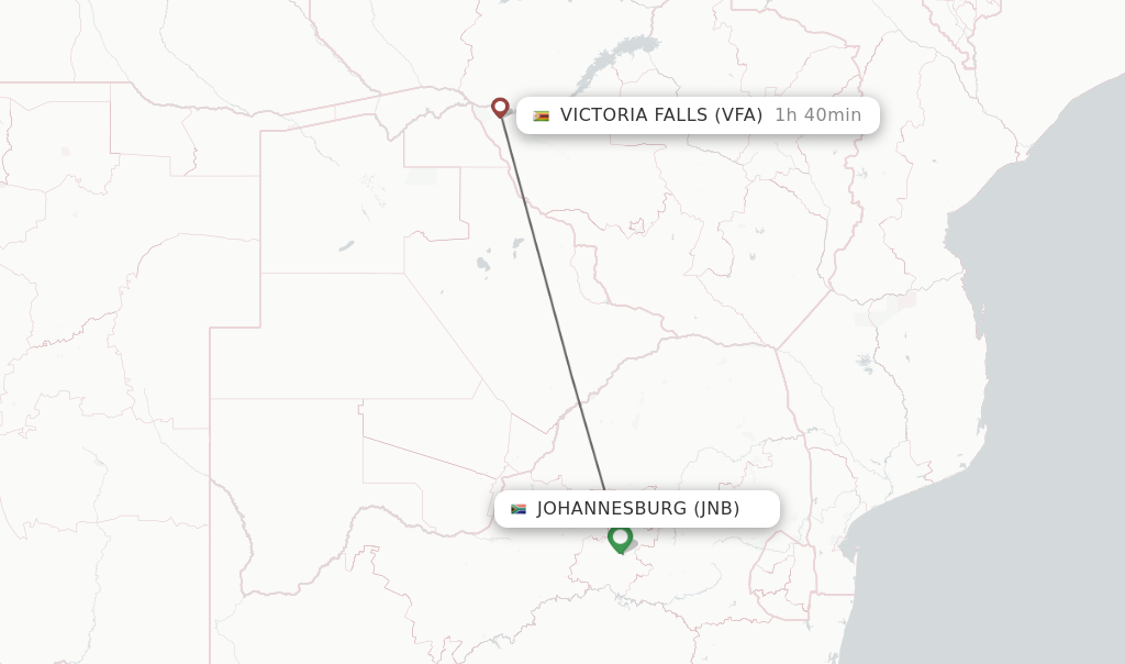 Flights from Johannesburg to Victoria Falls route map