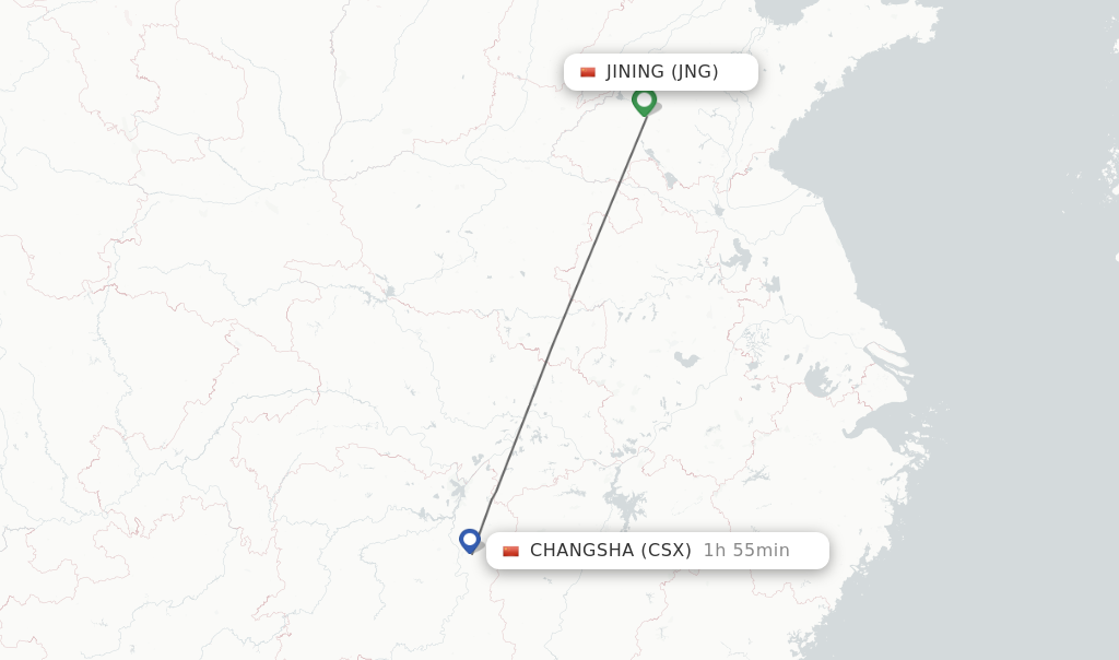Flights from Jining to Changsha route map
