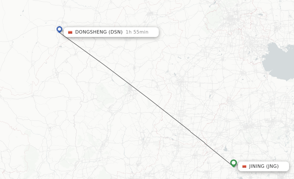 Flights from Jining to Dongsheng route map