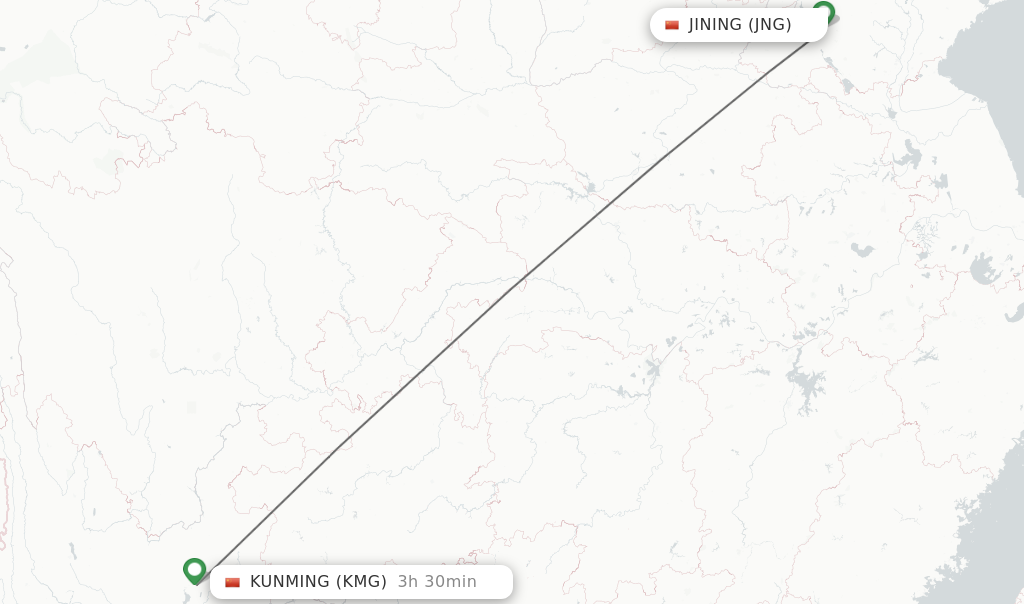 Flights from Jining to Kunming route map