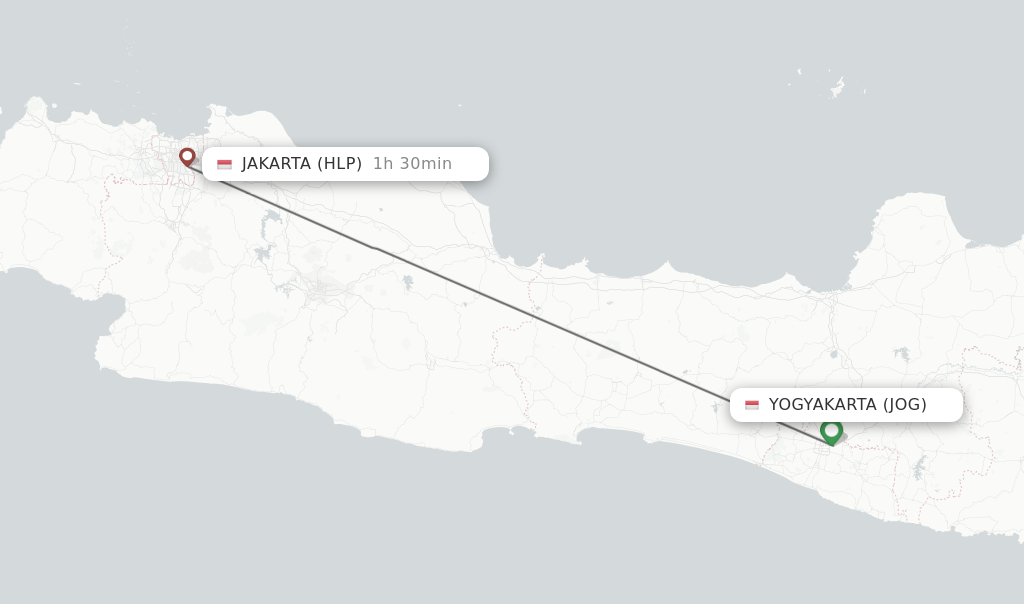 Flights from Yogyakarta to Jakarta route map