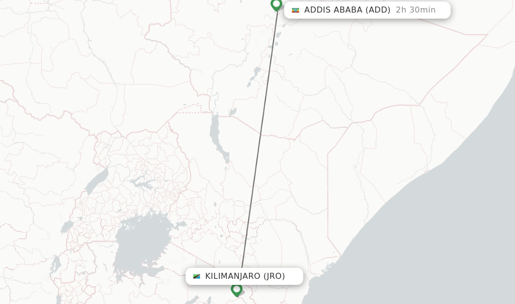 Flights from Kilimanjaro to Addis Ababa route map