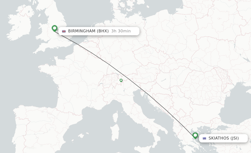 Flights from Skiathos to Birmingham route map