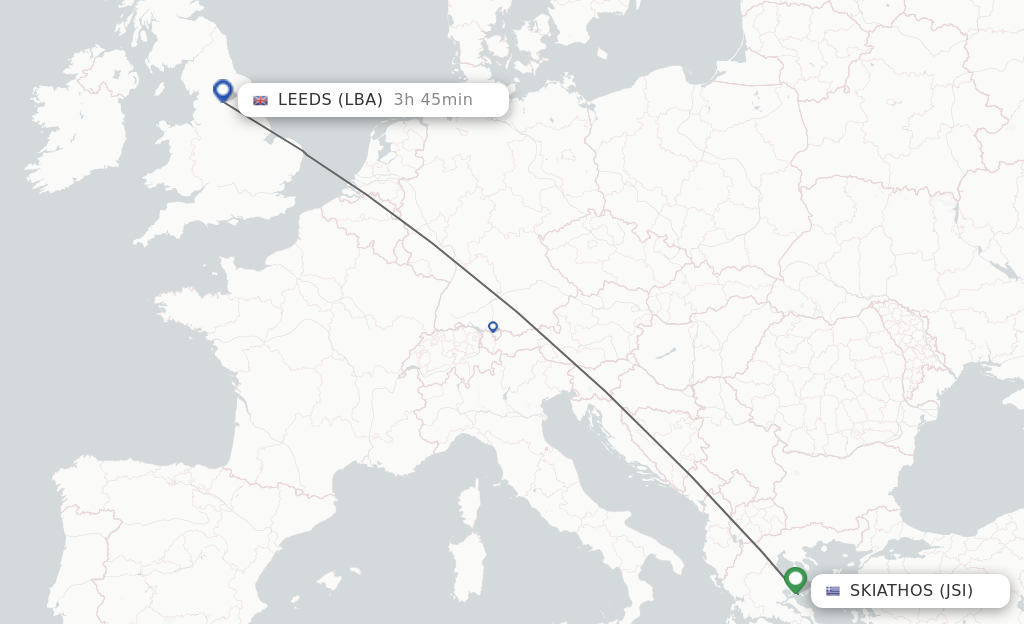 Flights from Skiathos to Leeds route map
