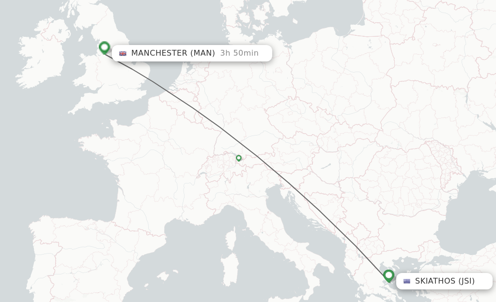 Flights from Skiathos to Manchester route map