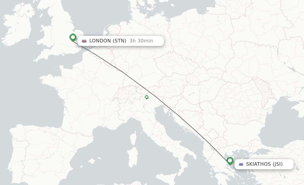 Flights from Skiathos to London route map