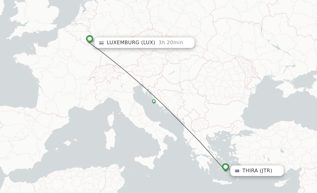 Flights from Thira to Luxembourg route map