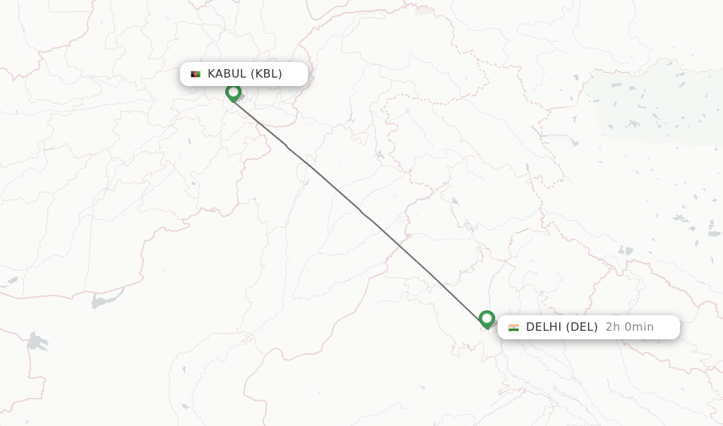 Flights from Kabul to Delhi route map