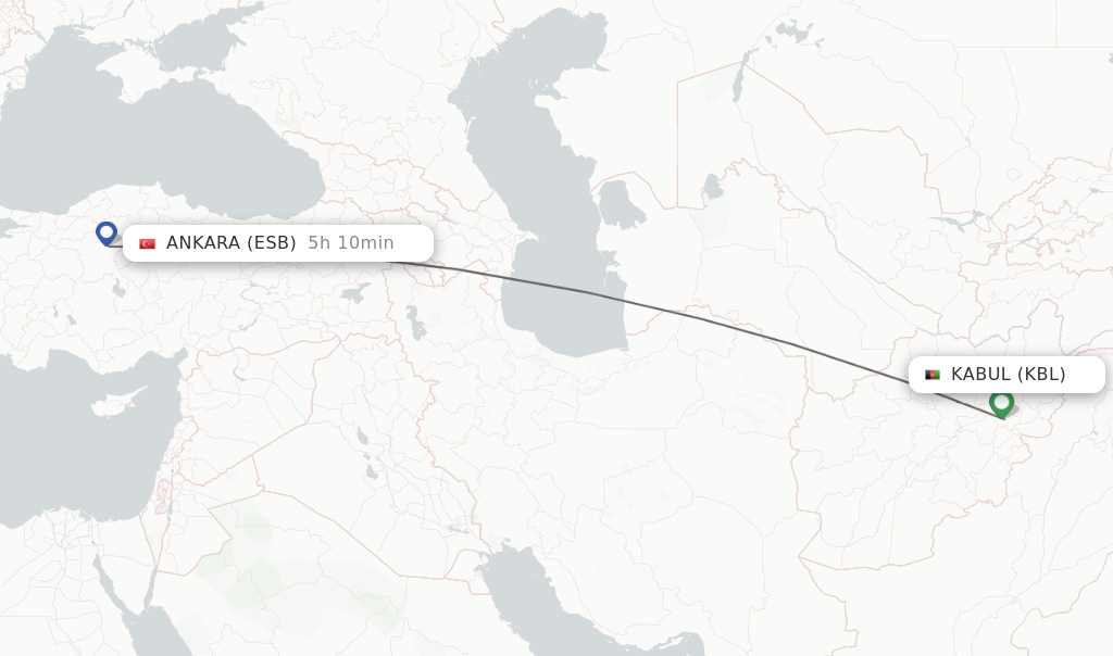Flights from Kabul to Ankara route map