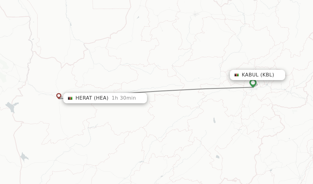 Flights from Kabul to Herat route map