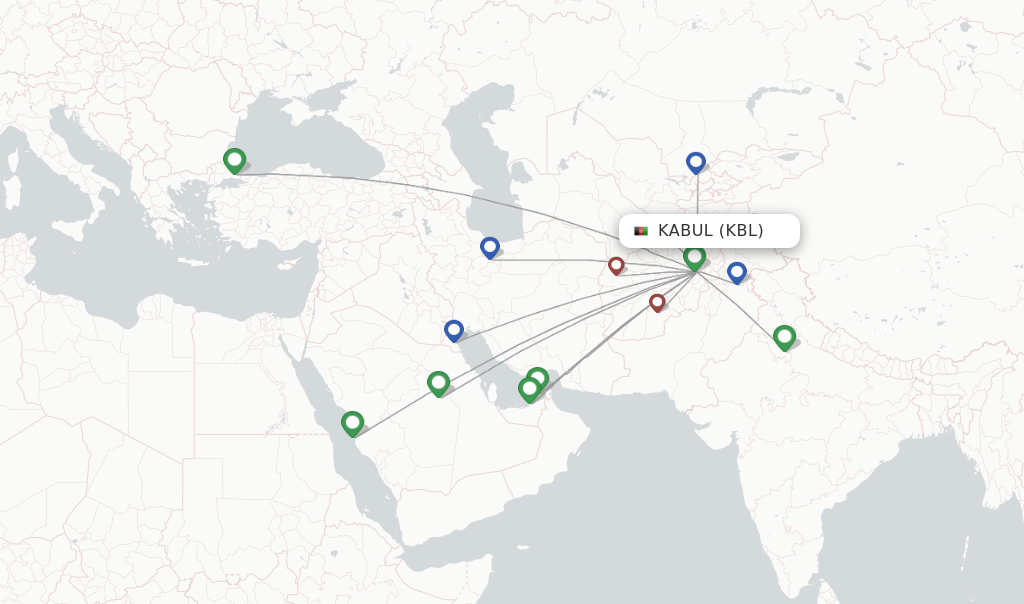 Route map with flights from Kabul with Kam Air