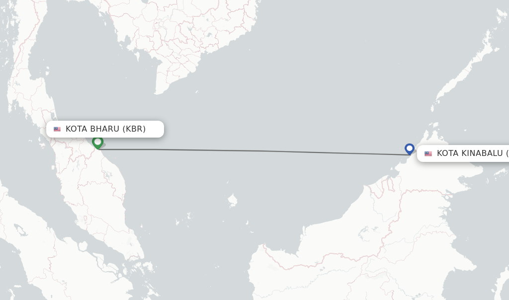 Flights from Kota Bharu to Kota Kinabalu route map