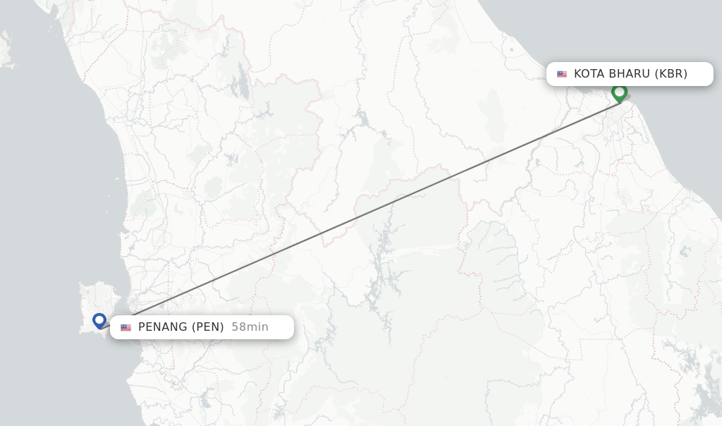 Flights from Kota Bharu to Penang route map