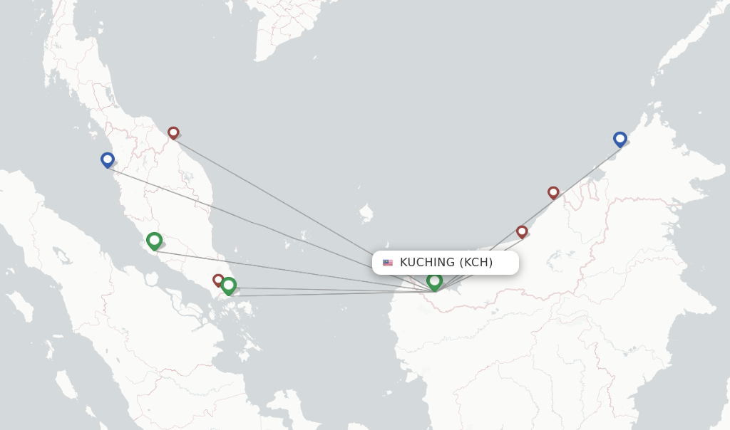Route map with flights from Kuching with AirAsia