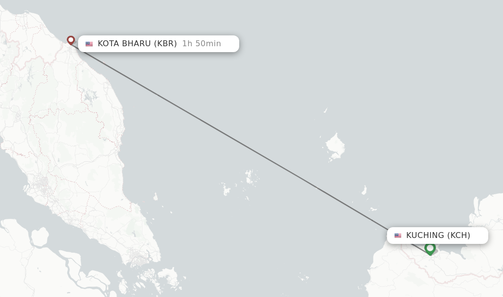 Flights from Kuching to Kota Bharu route map
