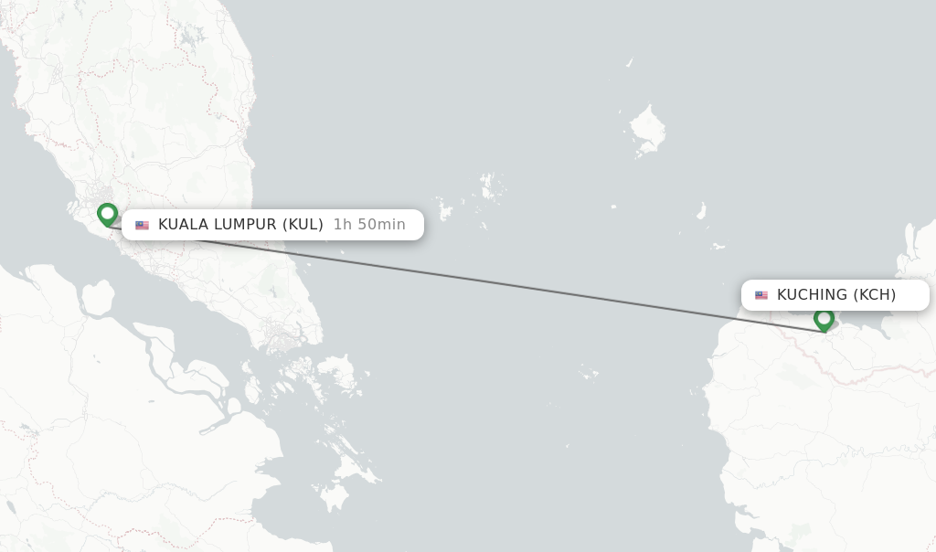 Flights from Kuching to Kuala Lumpur route map