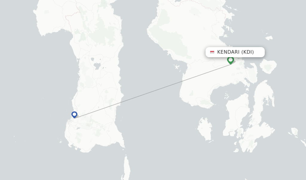 Route map with flights from Kendari with Garuda Indonesia