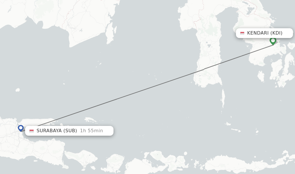 Flights from Kendari to Surabaya route map
