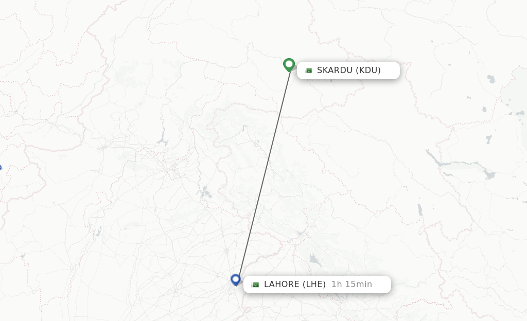 Flights from Skardu to Lahore route map