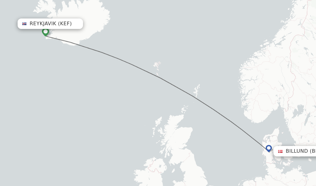 Flights from Reykjavik to Billund route map