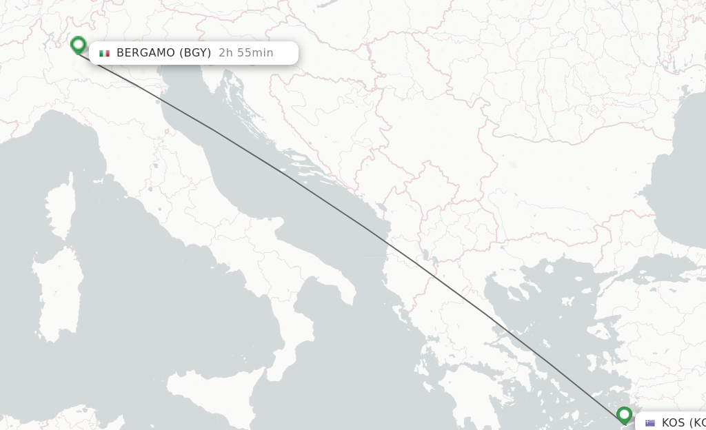 Flights from Kos to Milan route map