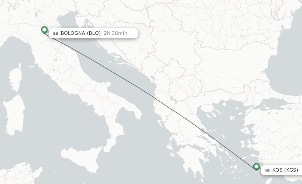 Flights from Kos to Bologna route map
