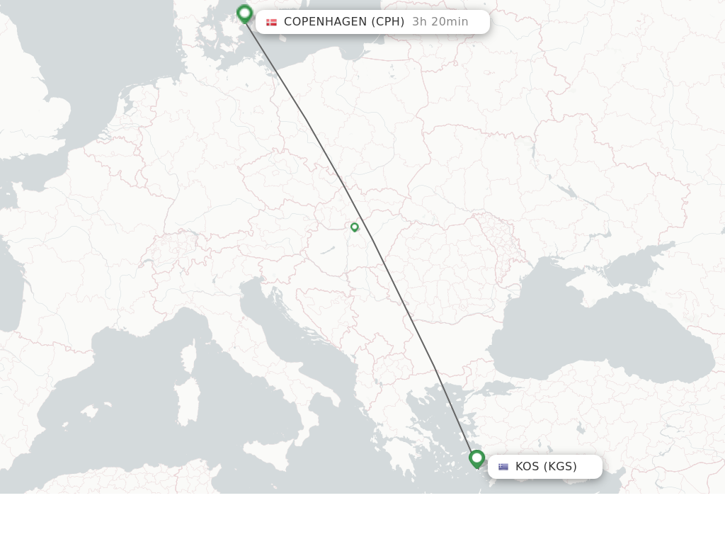 Flights from Kos to Copenhagen route map