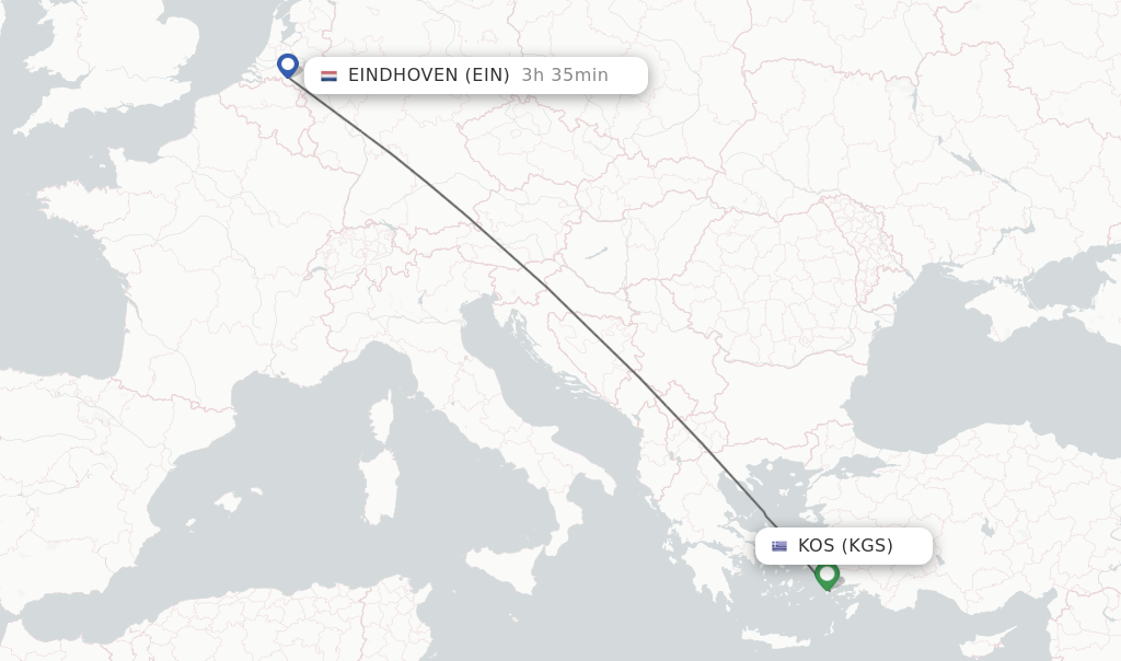 Flights from Kos to Eindhoven route map