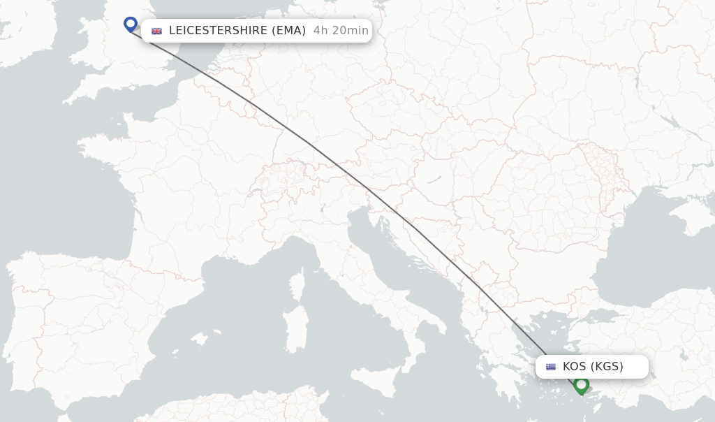 Flights from Kos to Leicestershire route map