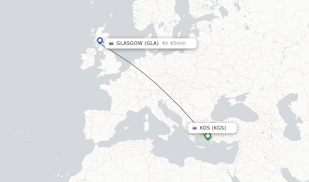 Flights from Kos to Glasgow route map