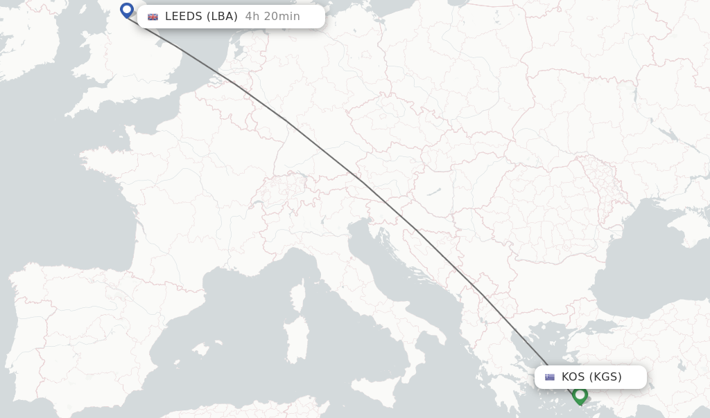 Flights from Kos to Leeds route map