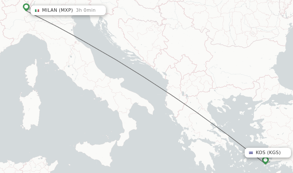 Flights from Kos to Milan route map