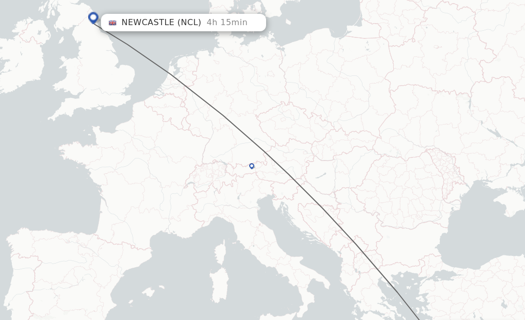 Flights from Kos to Newcastle route map