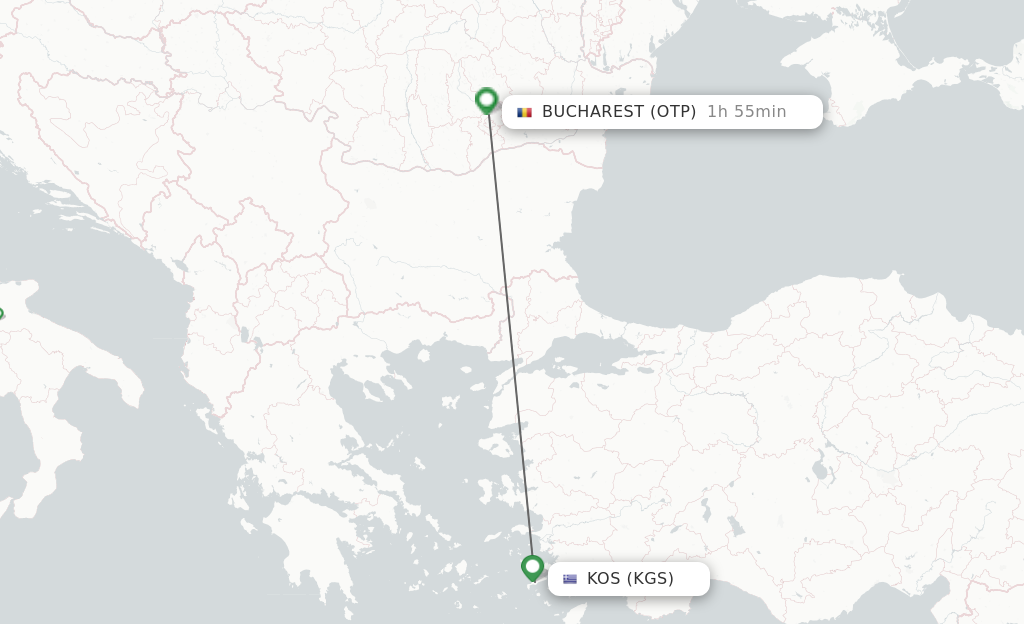 Flights from Kos to Bucharest route map