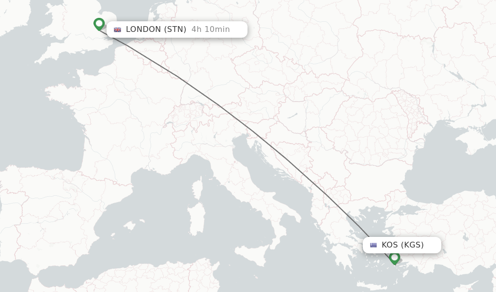 Flights from Kos to London route map