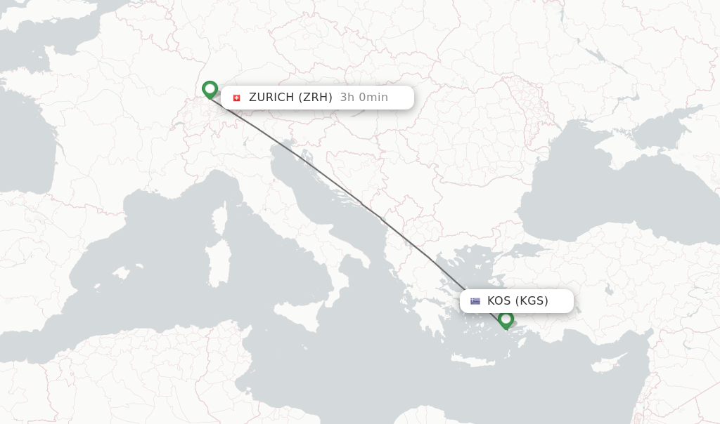 Flights from Kos to Zurich route map