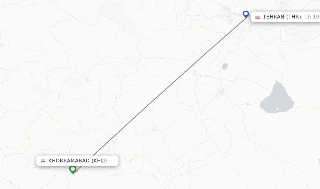 Flights from Khorramabad to Tehran route map