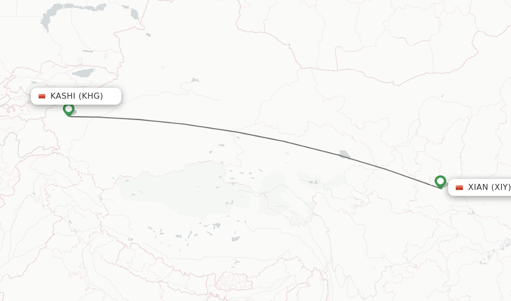 Flights from Kashi to Xian route map