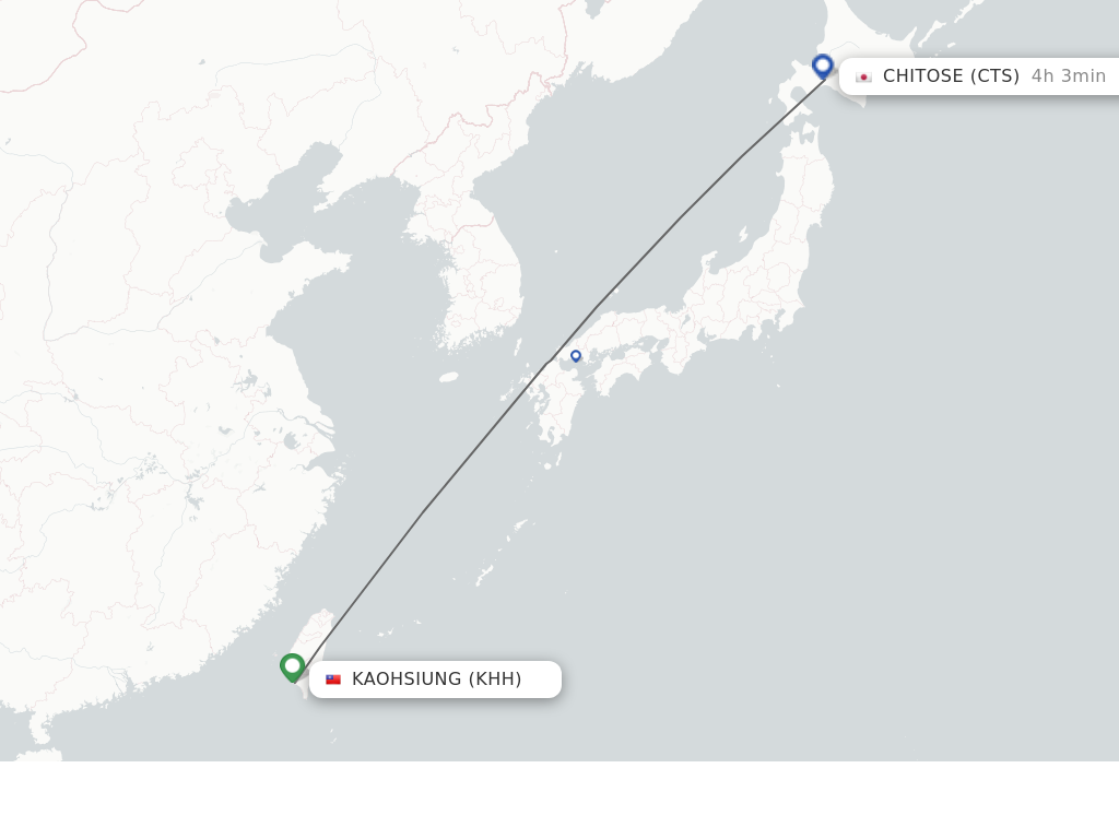 Flights from Kaohsiung to Sapporo route map