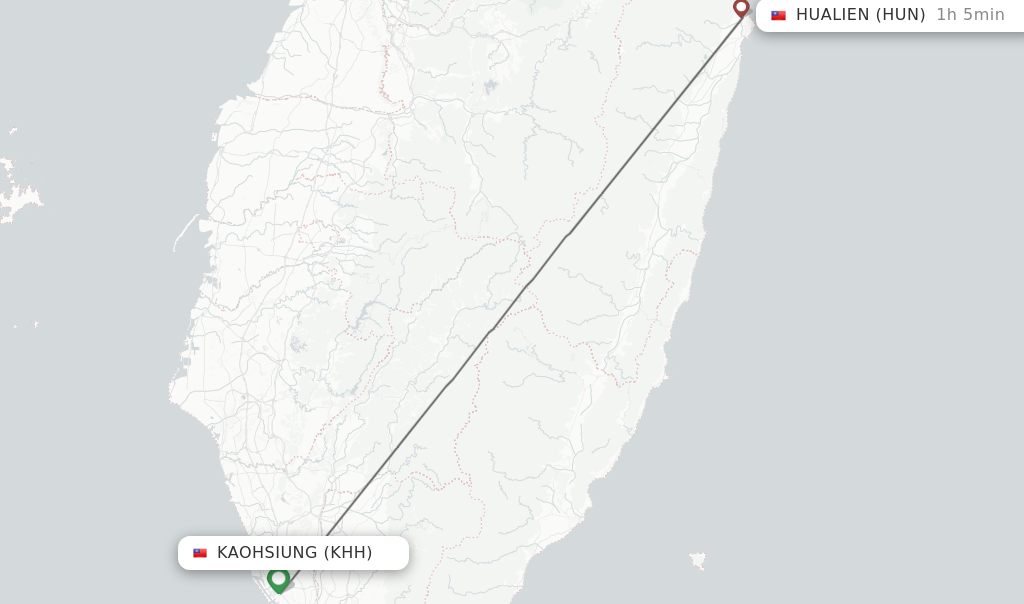 Flights from Kaohsiung to Hualien route map