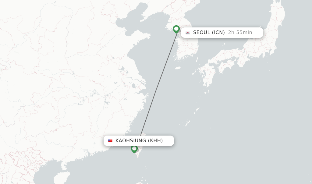 Flights from Kaohsiung to Seoul route map